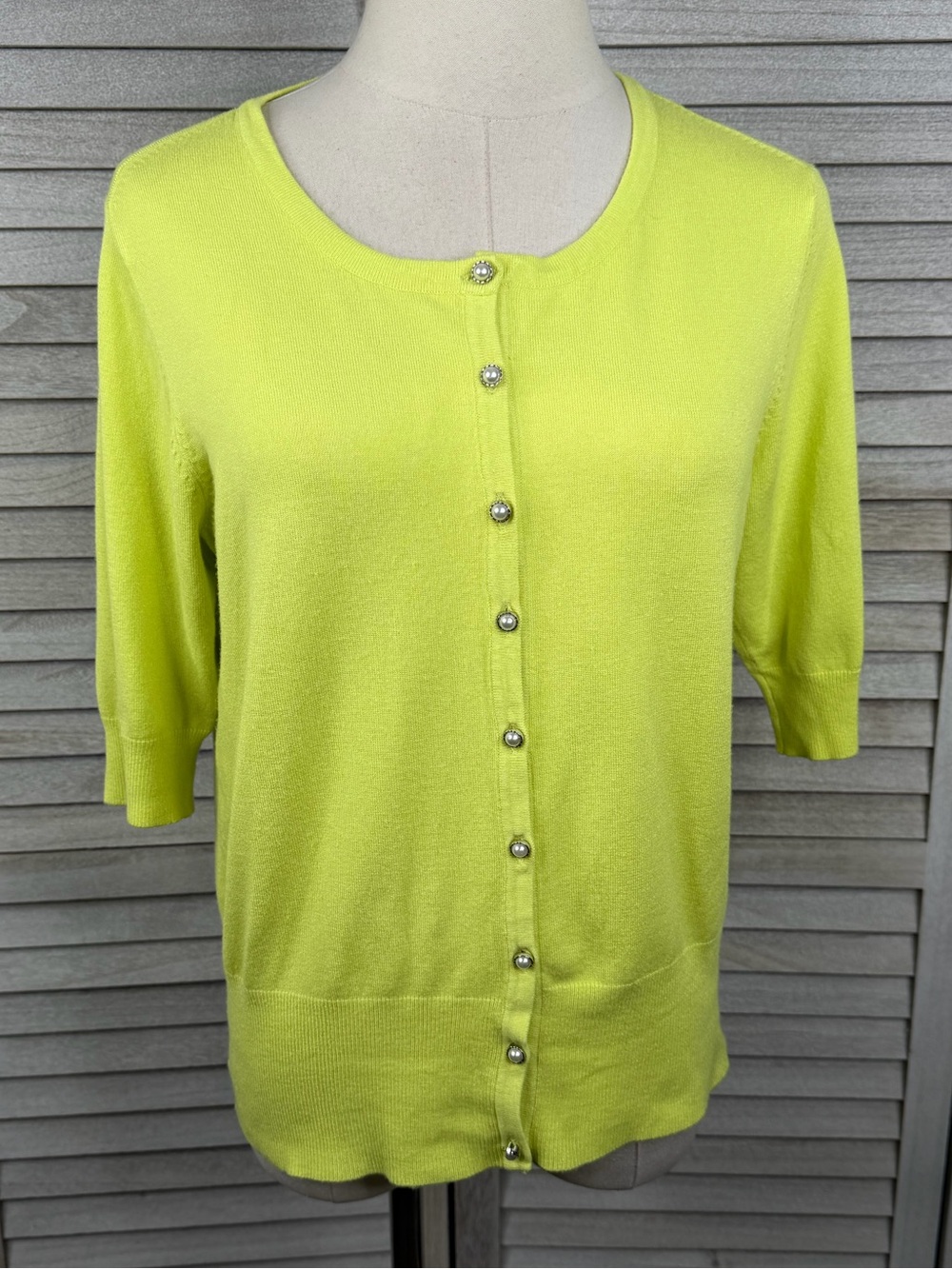 AUDREY & GRACE Women's Chartreuse Half Sleeve Cardigan with Pearl Buttons -PL